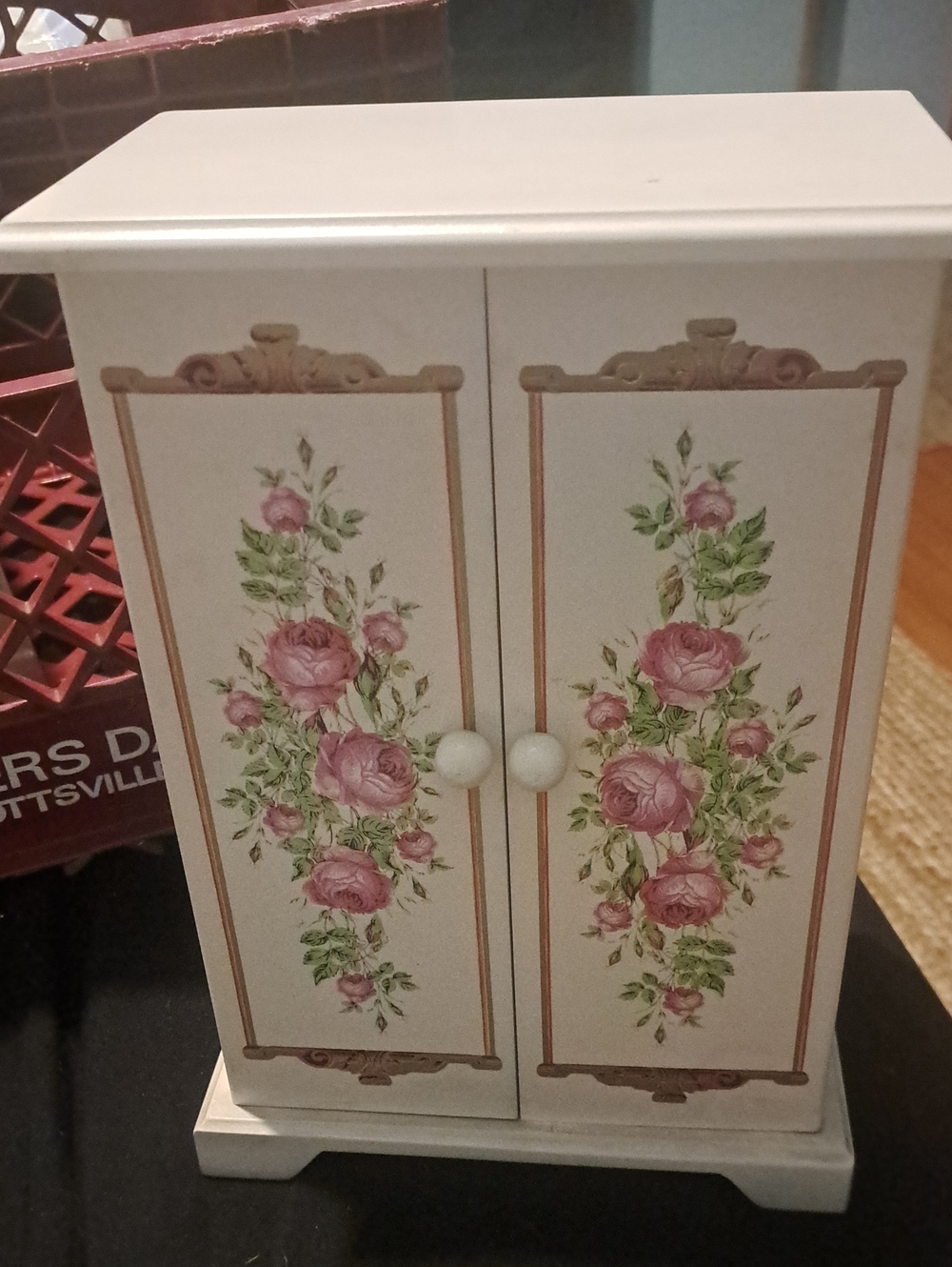 Vintage Ivory Floral Jewelry Cabinet Tabletop Armoire with Pink Rose Design